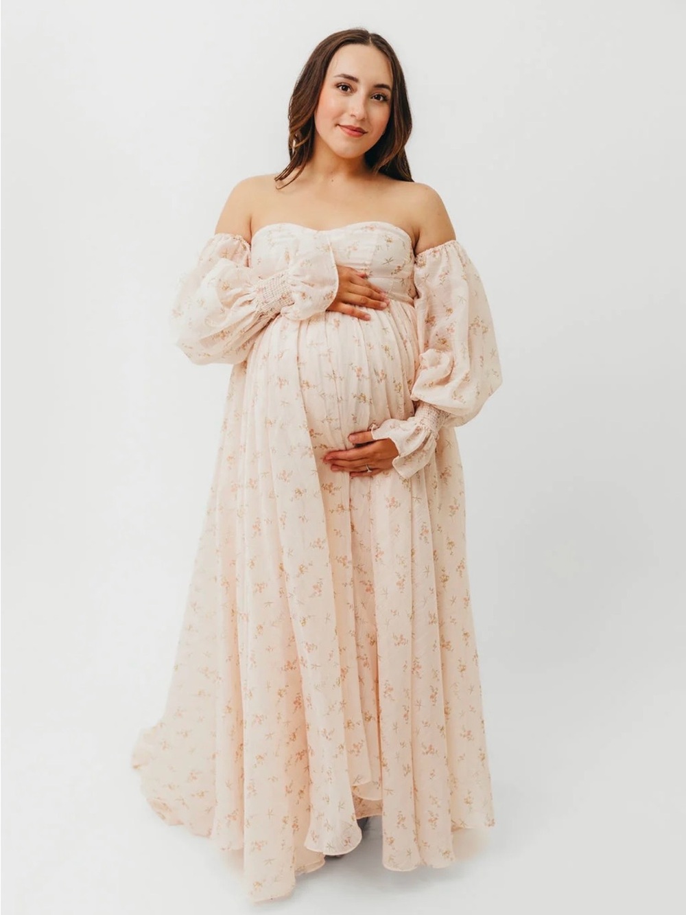 Elegant Off-Shoulder Floral Maxi Dress in peach